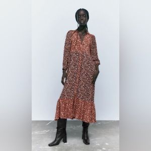 NEW Zara Mixed Floral Print Long Sleeve Midi Dress in Brown & Black Sz XS